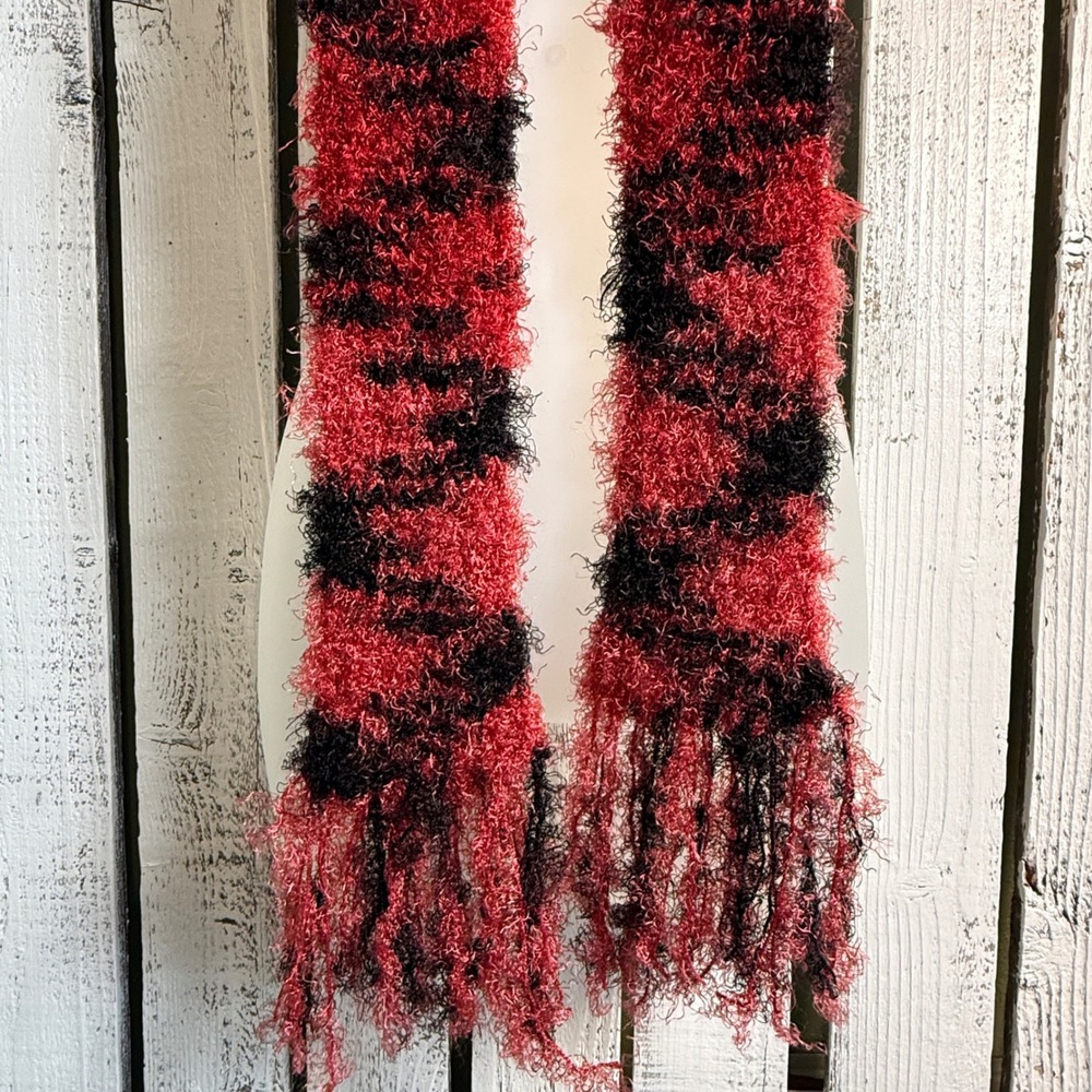 Handmade Crochet Woven Red Black Pink Fuzzy Knit Fringe Scarf One of a Kind Boho - Picture 10 of 10